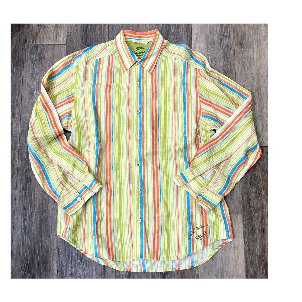 Tommy Bahama Men’s Medium 100% Linen Multicolor Striped Button Front Shirt